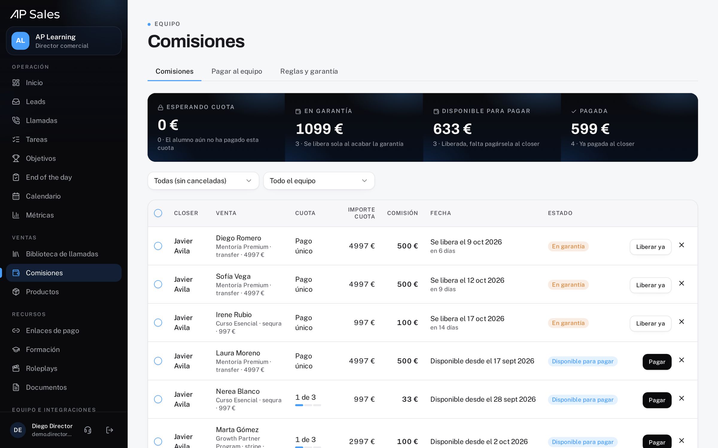 Comisiones del equipo en AP Sales