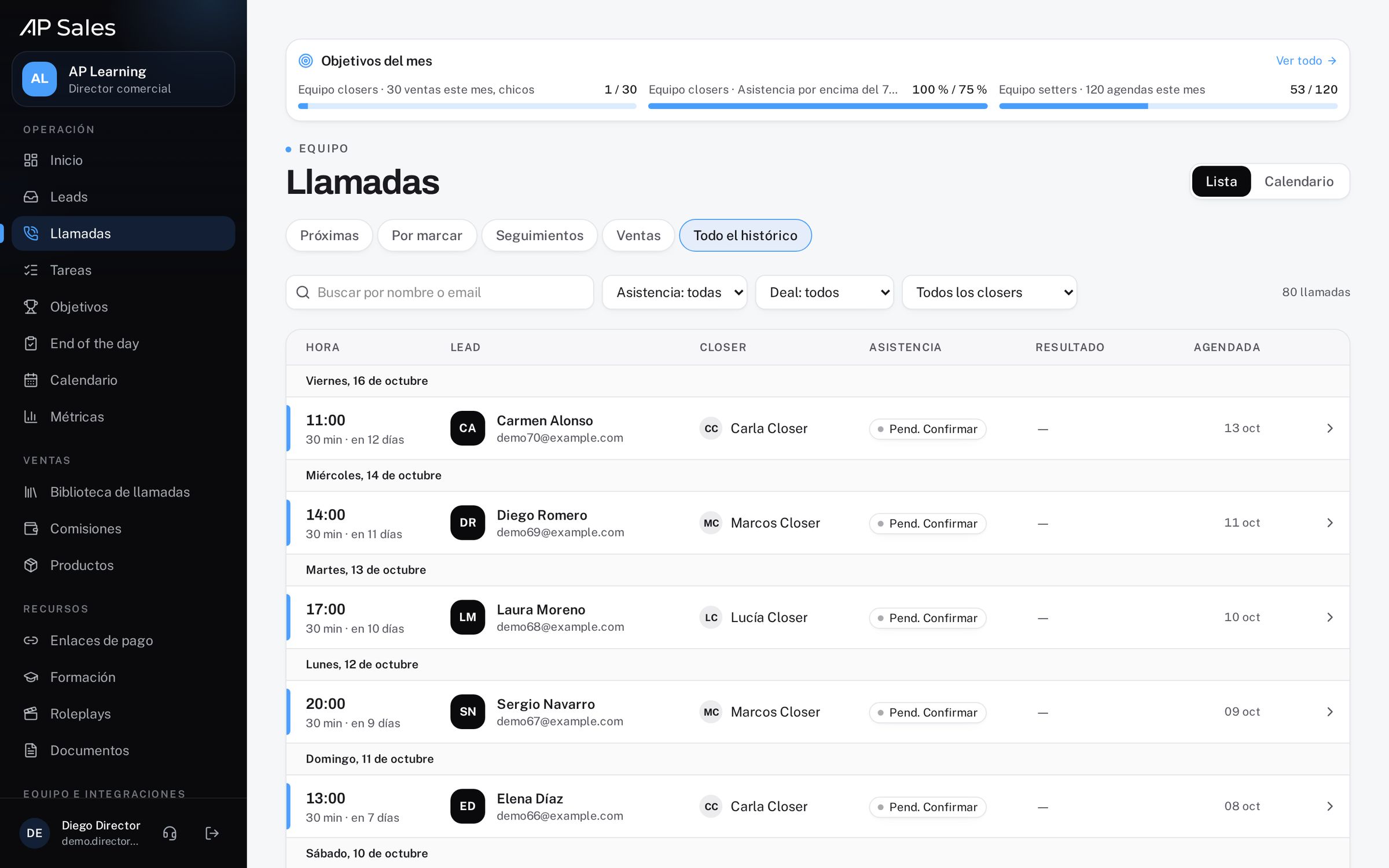 Llamadas del equipo organizadas en AP Sales