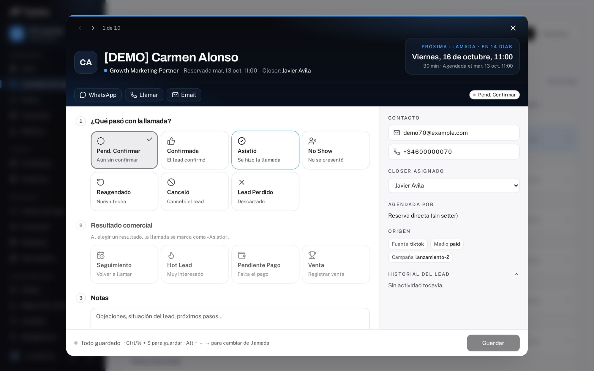 Ficha completa de una llamada