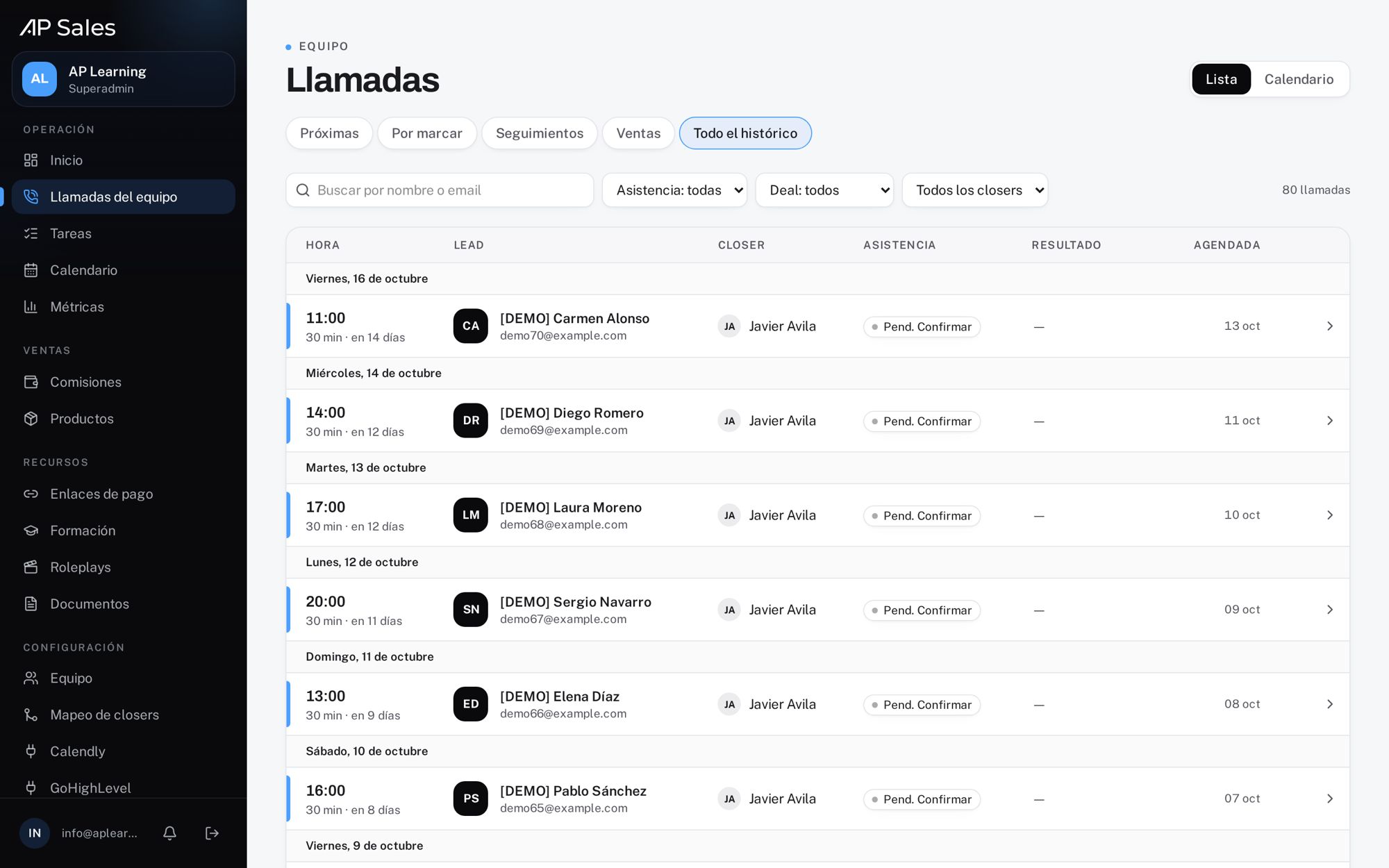 Lista de llamadas del equipo